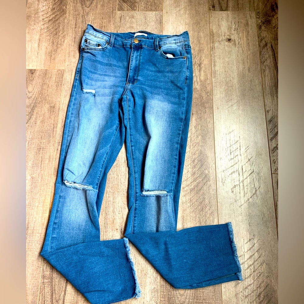 Blue Turtle distressed flare jeans sustainably made denim size 9